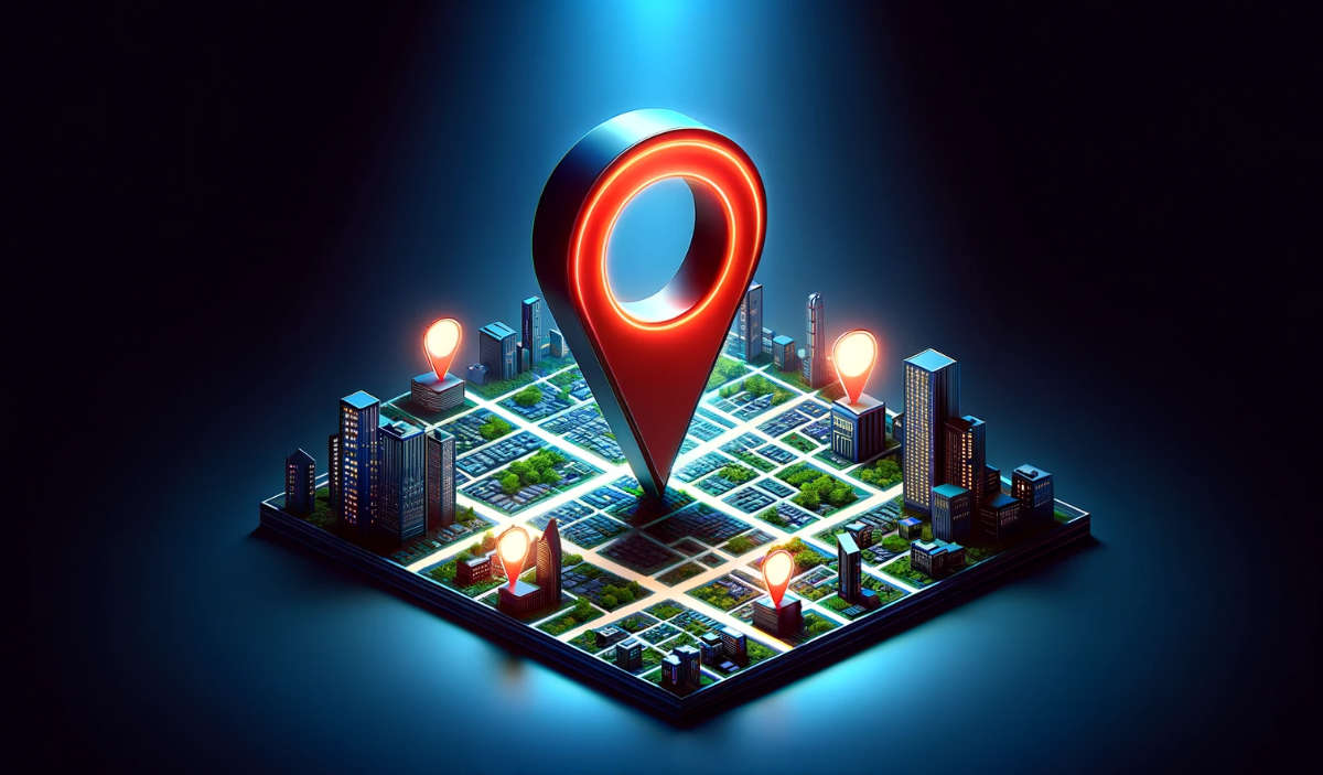 Red map pin rising above a lit city grid at night