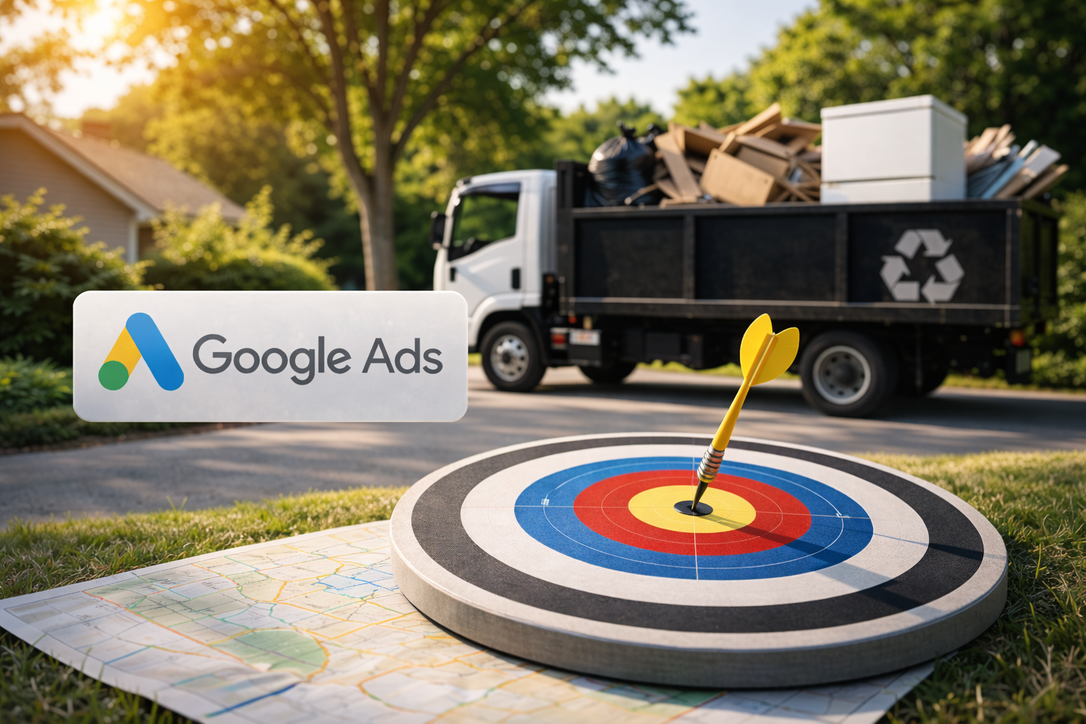 Google Ads sign beside an archery target with a dart in the bullseye