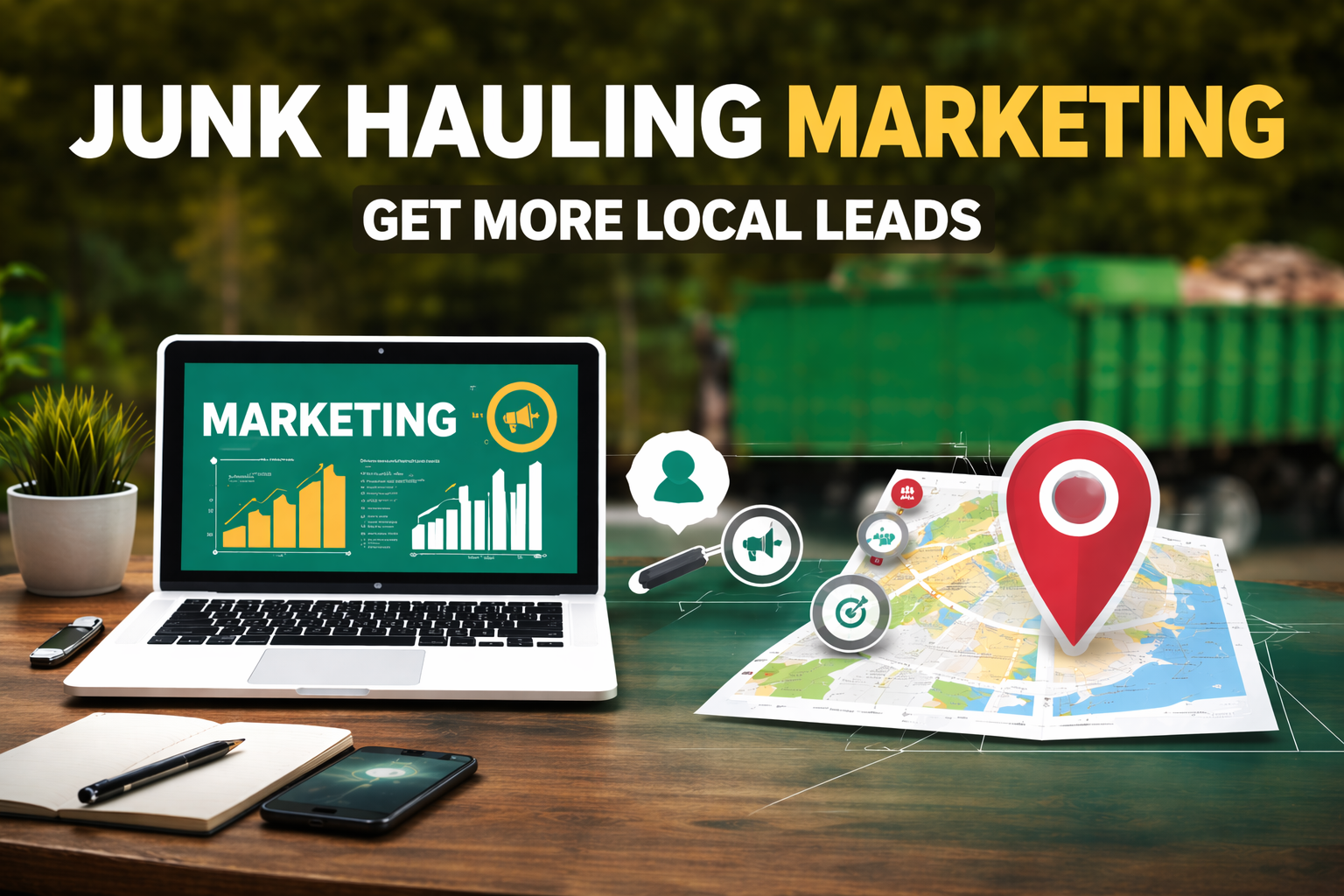 Junk hauling marketing graphic with a laptop, a map pin, and lead icons
