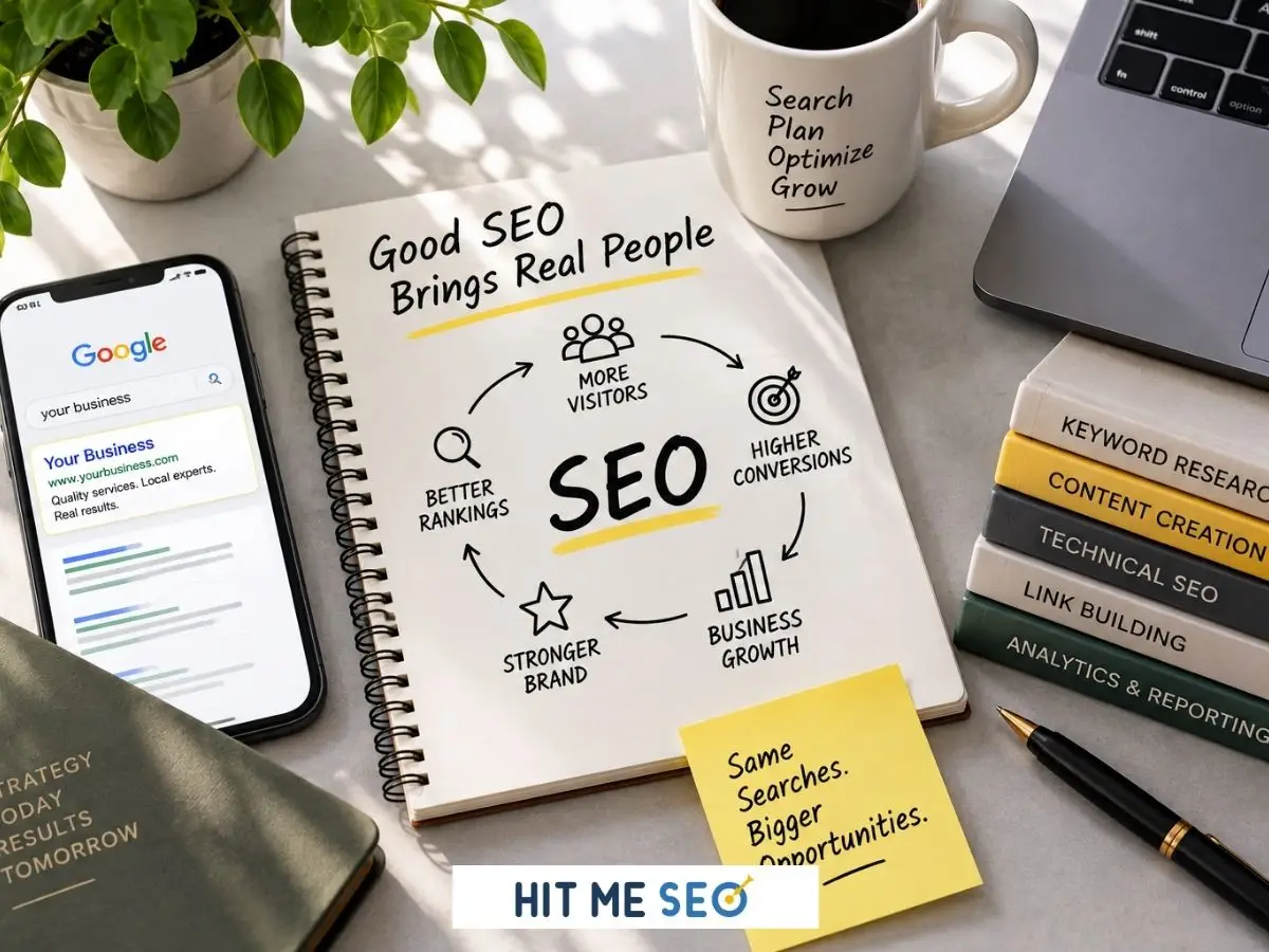 SEO strategy workspace showing keyword research, content creation, technical SEO, link building, and analytics for improving search rankings and organic traffic.