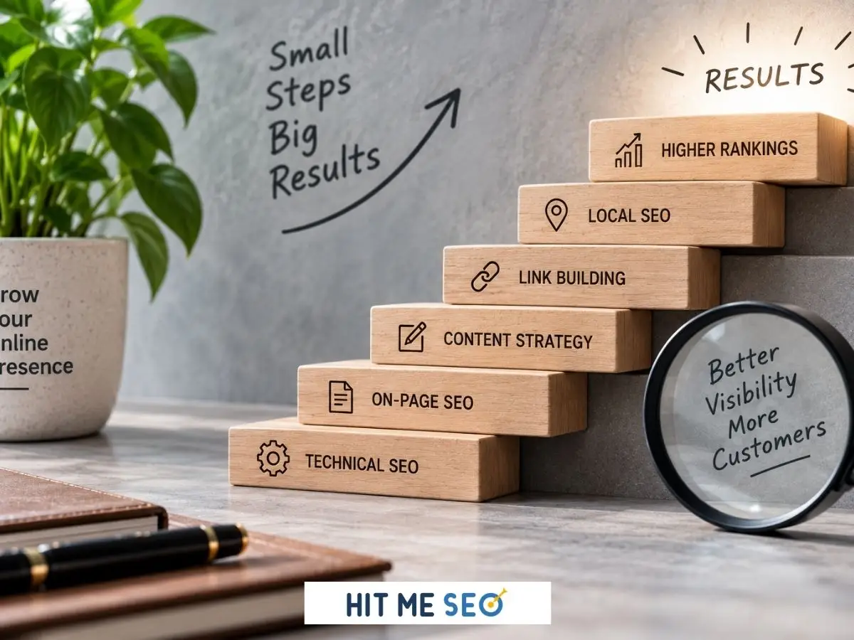 SEO strategy concept showing steps for technical SEO, on-page optimization, content strategy, link building, and local SEO leading to higher rankings.