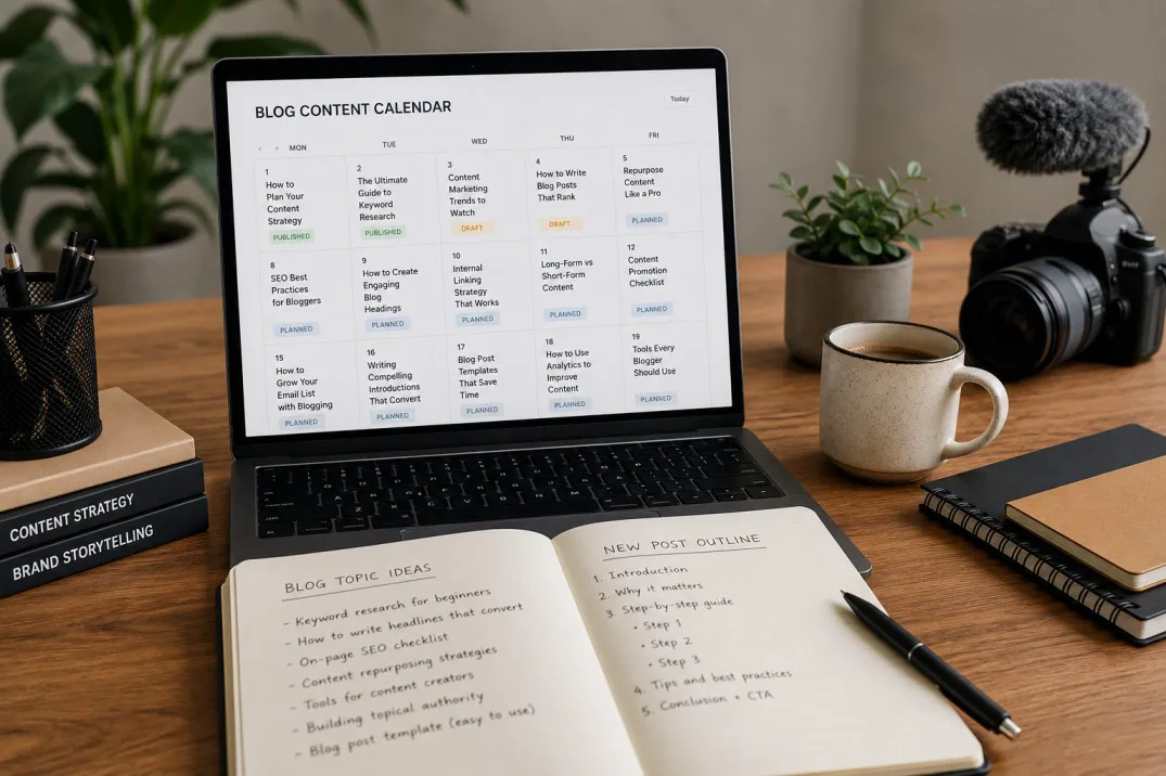 Laptop showing a blog content calendar beside an open notebook and a camera