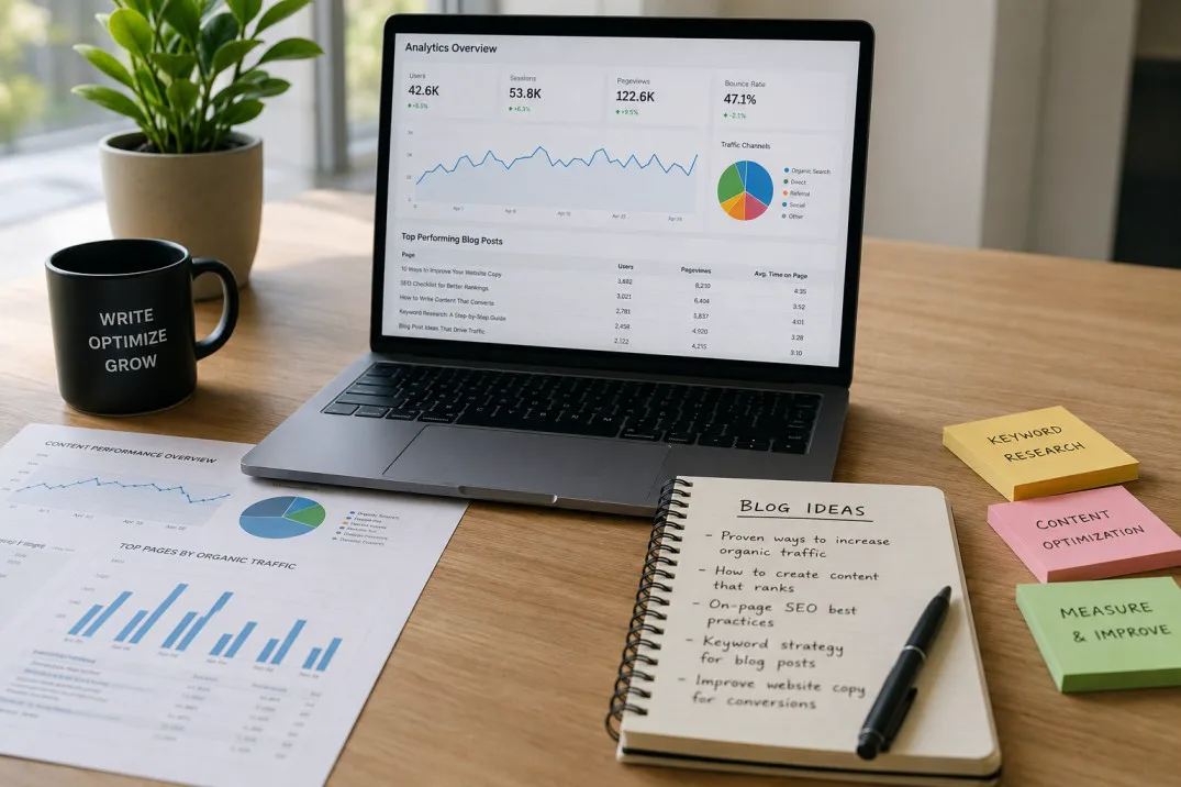 Laptop with blog performance analytics beside printed charts and notes