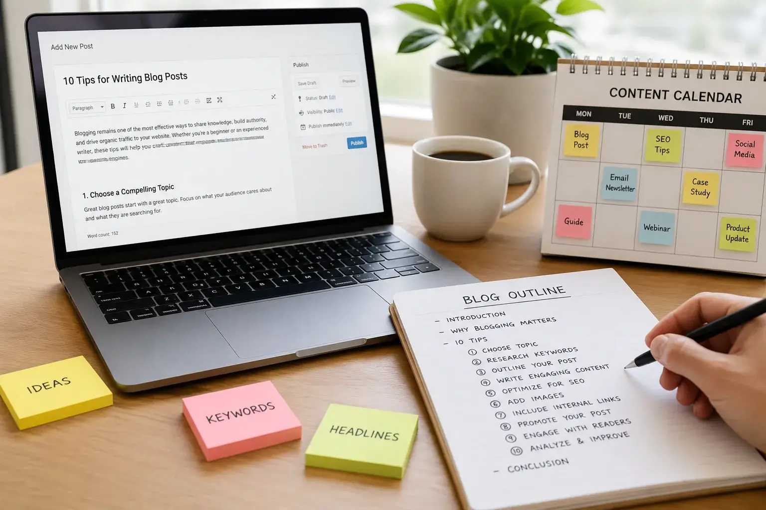 Blog post draft on a laptop beside a content calendar and outline notes