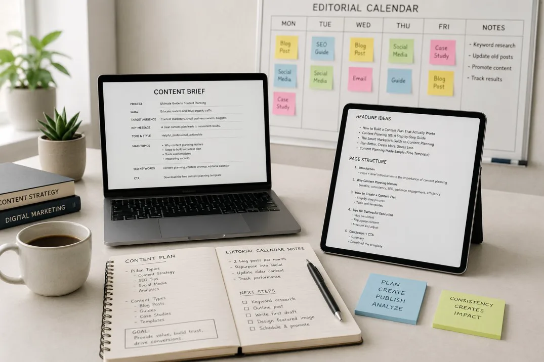 Content brief on a laptop beside an editorial calendar and notes