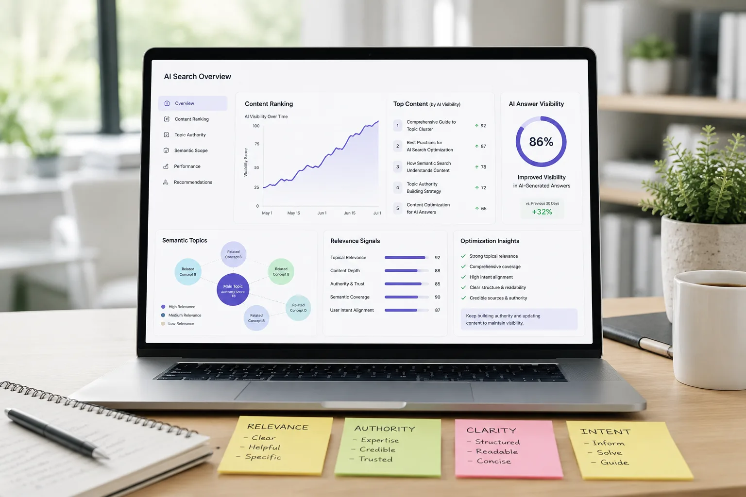 Laptop dashboard showing how content ranks in AI search results