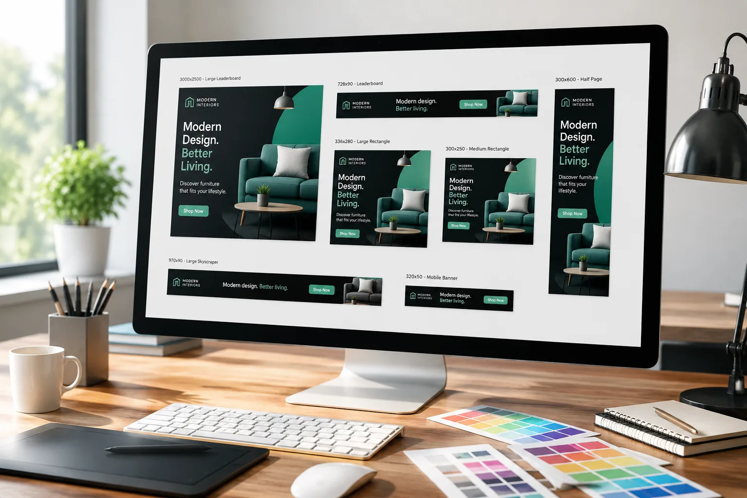 Monitor showing modern website page designs beside color swatches