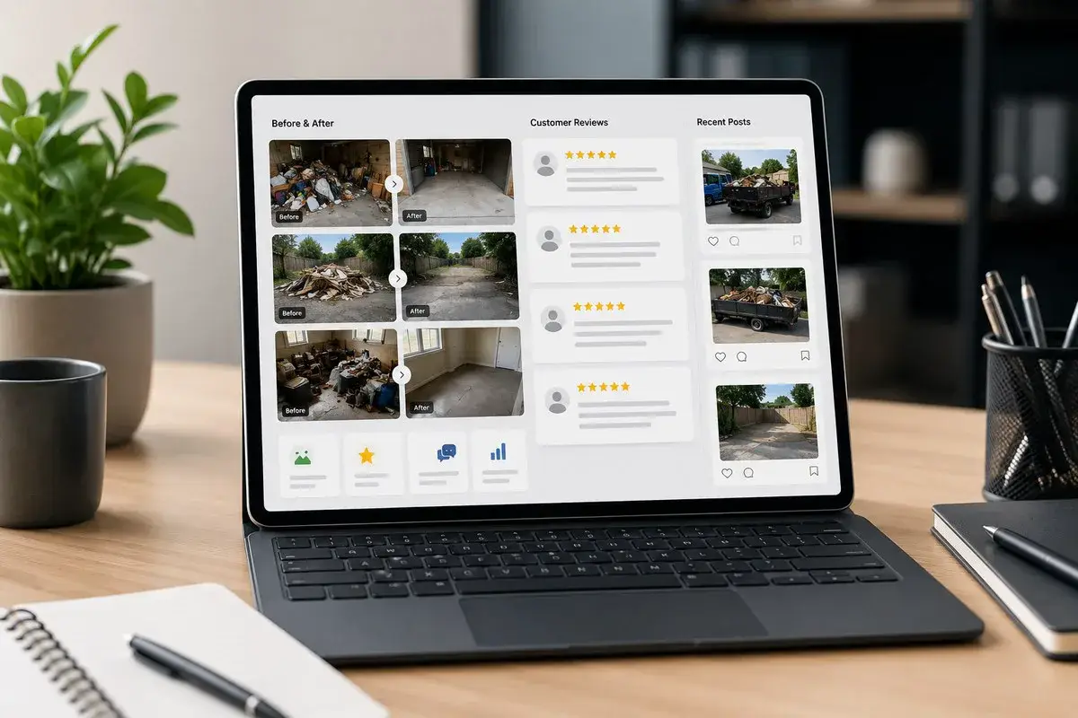 Laptop showing junk removal before-and-after photos and customer reviews