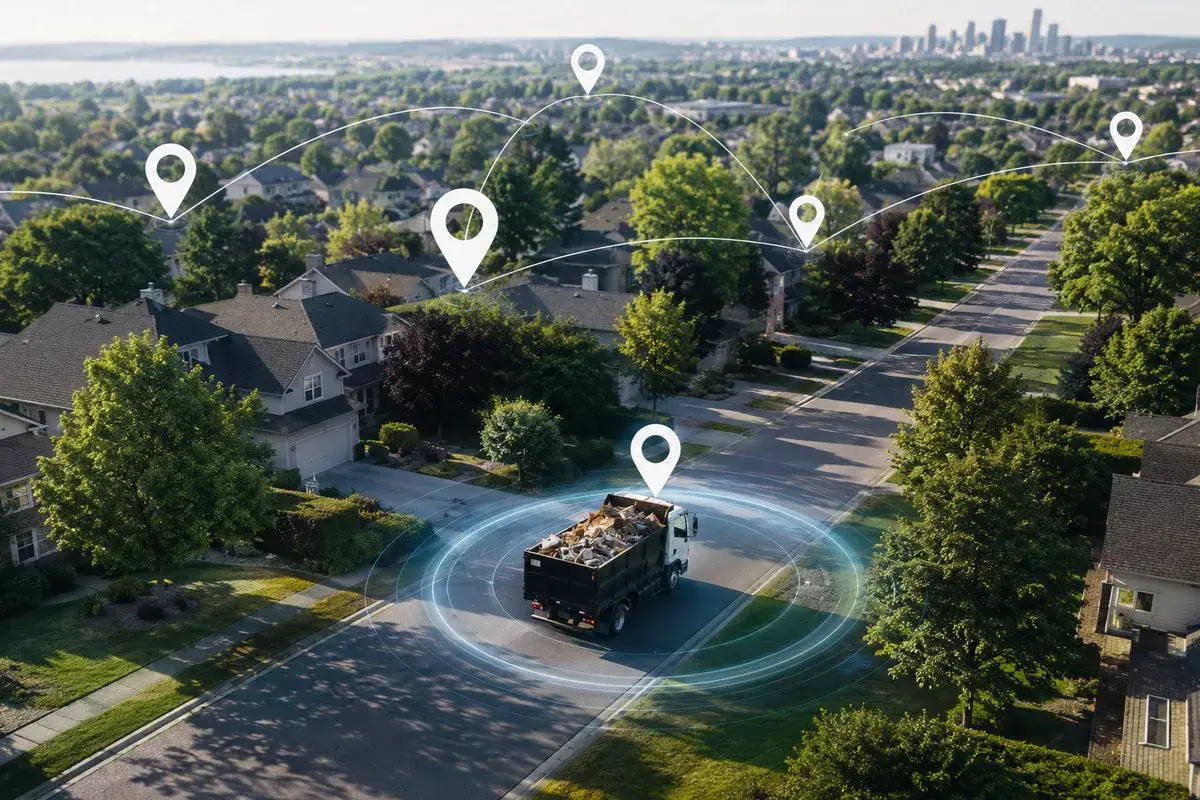 Aerial view of a neighborhood with map pins marking service locations