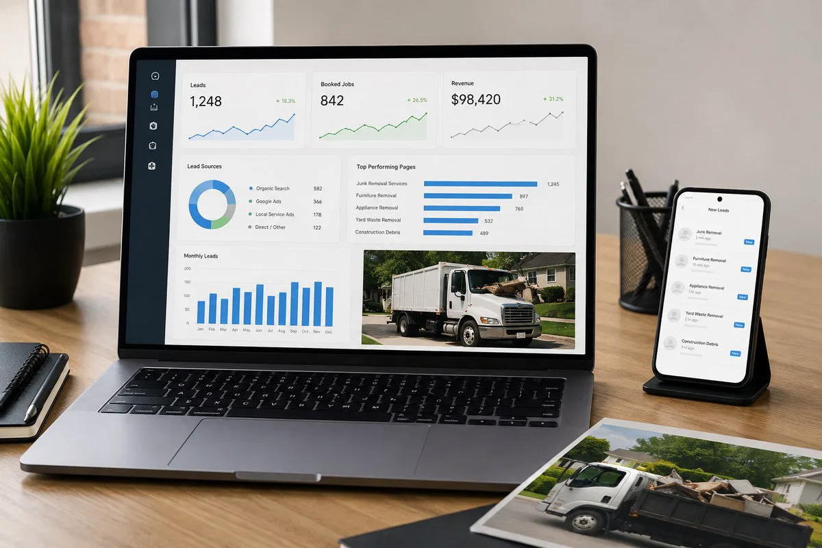 Laptop dashboard tracking junk hauling leads, calls, and bookings