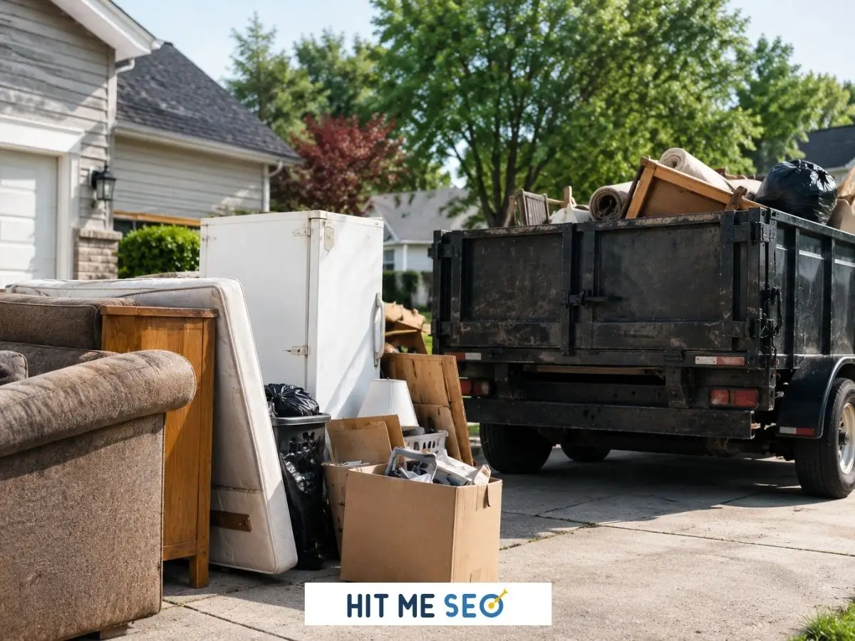 Junk removal trailer loaded with old furniture, appliances, boxes, and household waste in a suburban driveway.