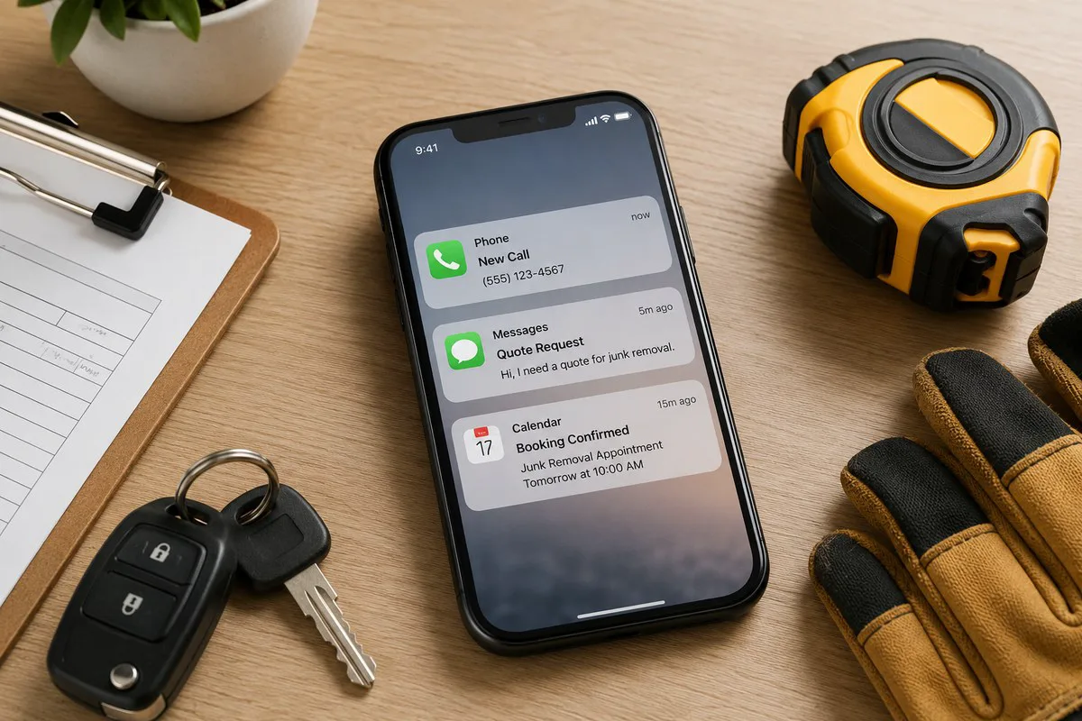 Phone showing new lead notifications beside work gloves and truck keys