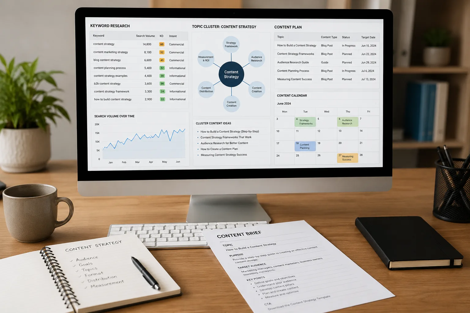 Keyword research and topic cluster plan on a desktop monitor