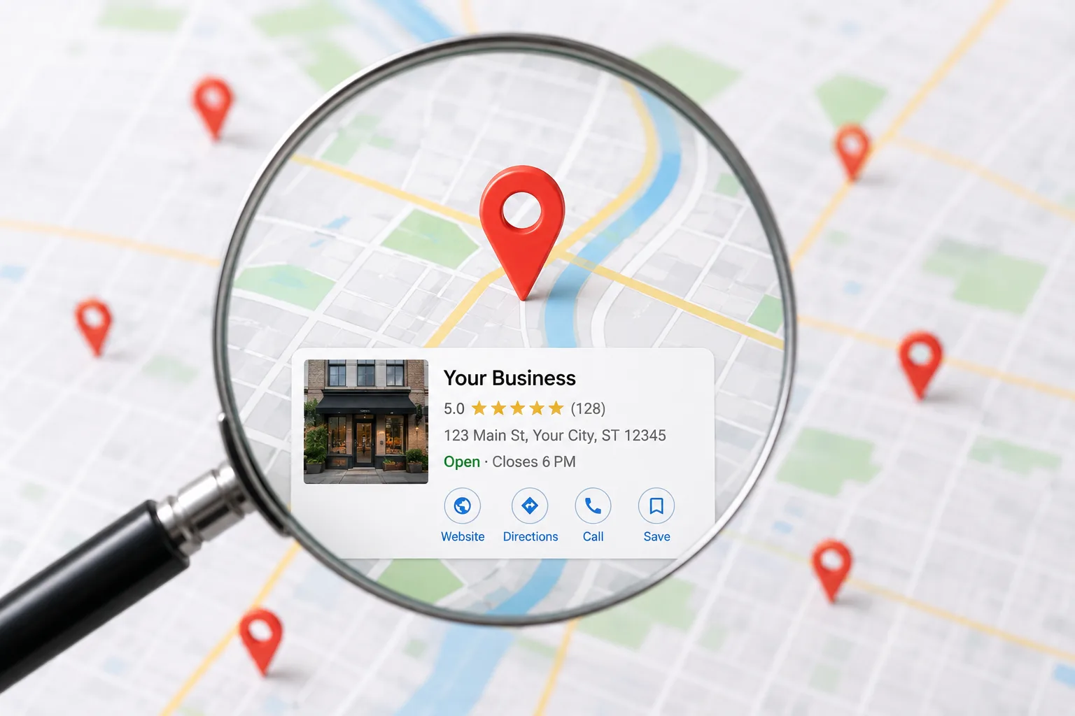 Magnifying glass over a map highlighting a local business listing with its rating and hours