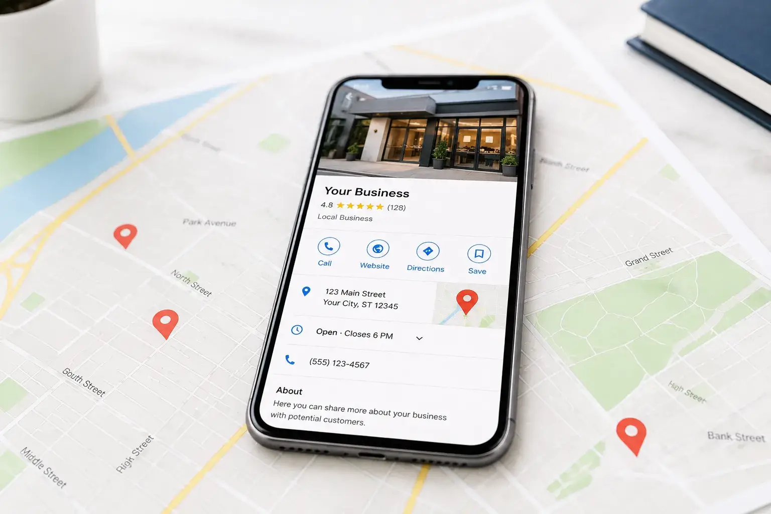 Phone showing a business profile on a map surrounded by location pins