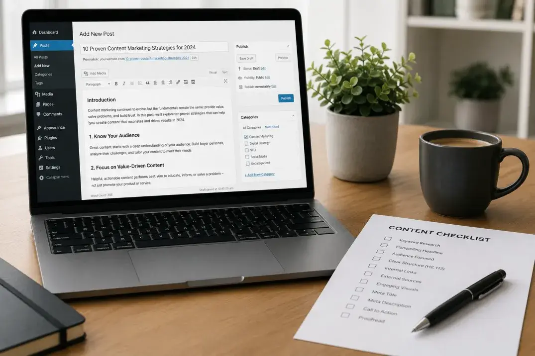 Laptop showing a blog post draft with an SEO checklist beside it