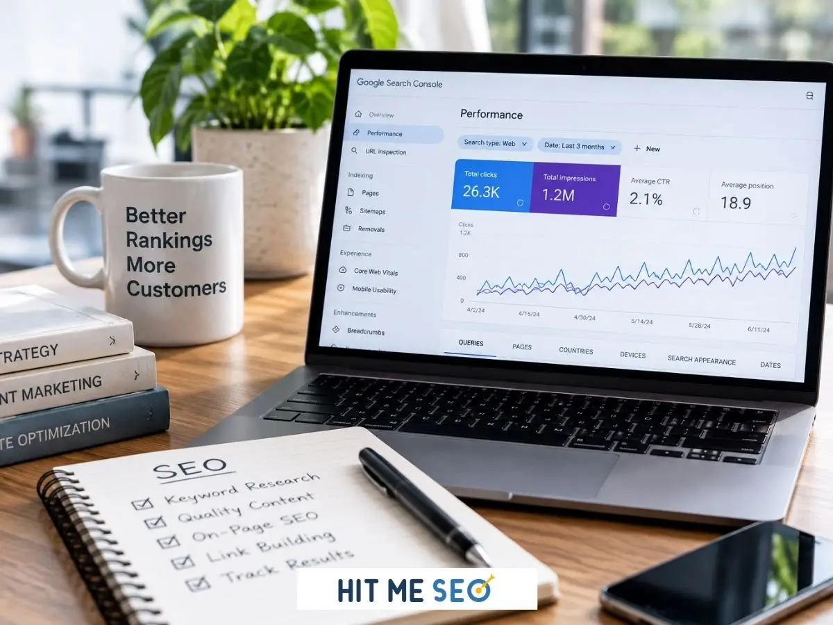 Laptop displaying SEO performance data with keyword research and website optimization notes on a modern office desk.