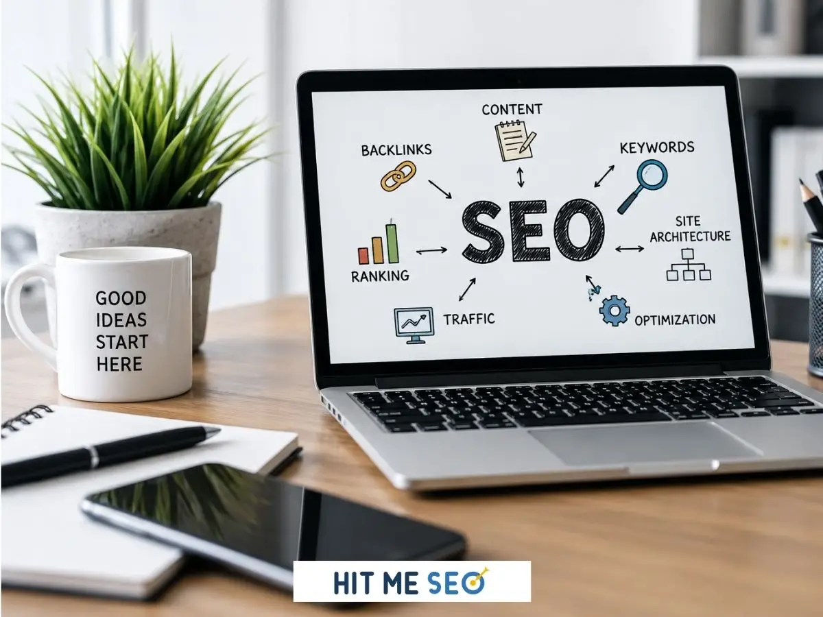 An image showing SEO on a laptop screen with a white cup with the words 'Good ideas Start here' on the side.
