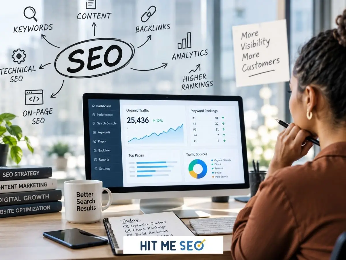 SEO professional reviewing organic traffic and keyword rankings with a search engine optimization strategy covering content, backlinks, technical SEO, and analytics.