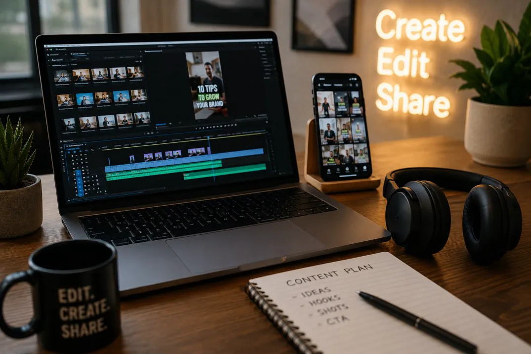 Laptop editing a short-form video beside a phone and headphones