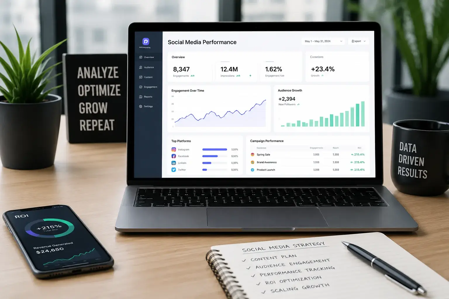 Laptop showing a social media performance dashboard