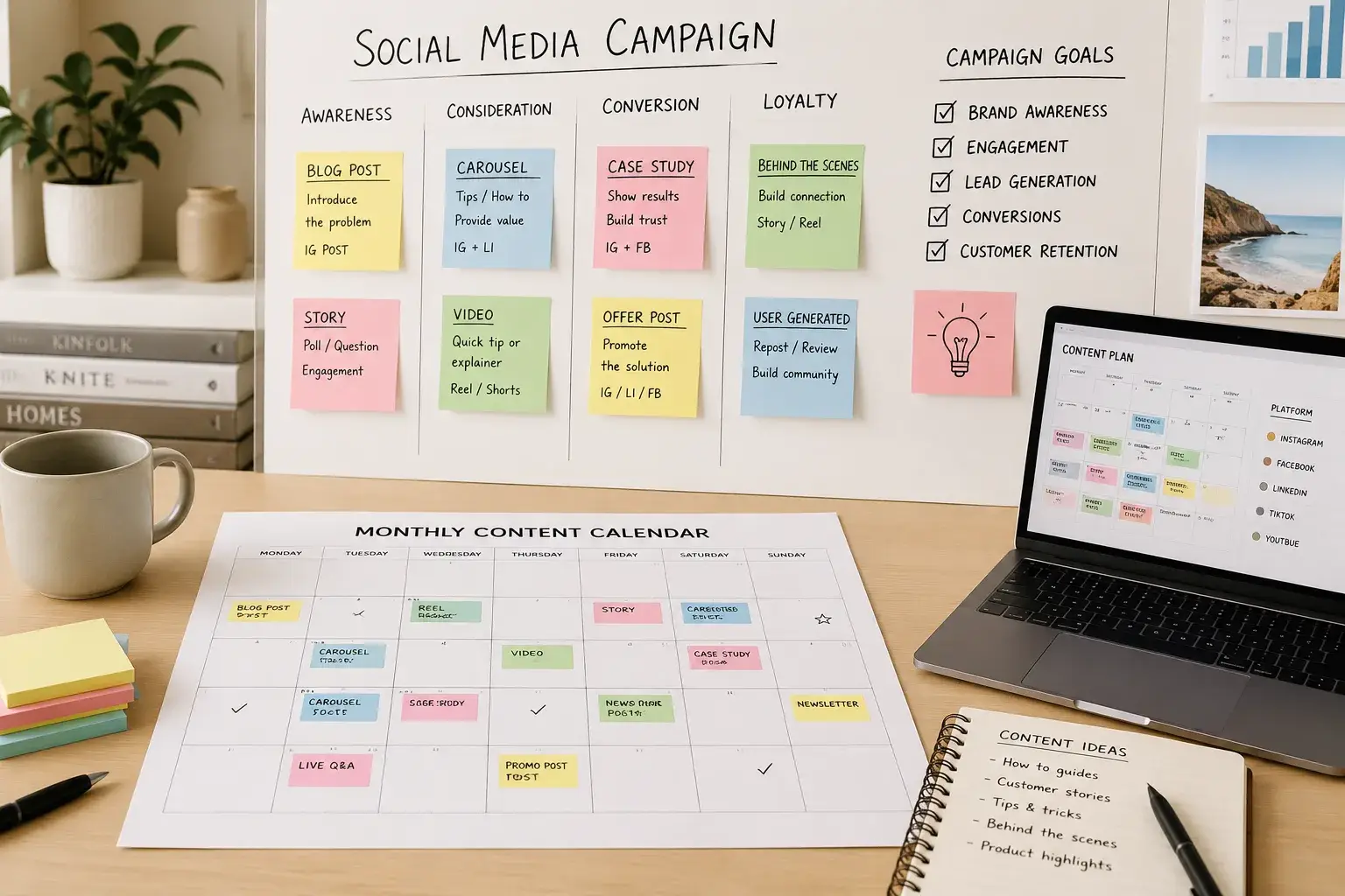 Social media campaign board with a monthly content calendar