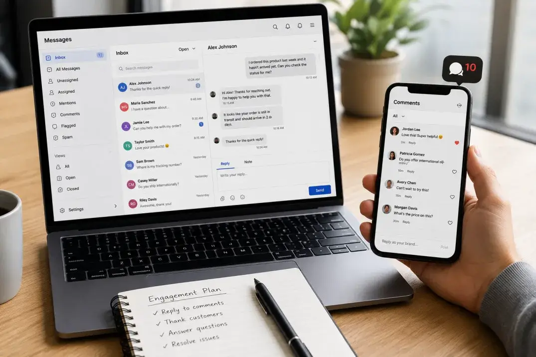 Phone and laptop showing social media messages and replies