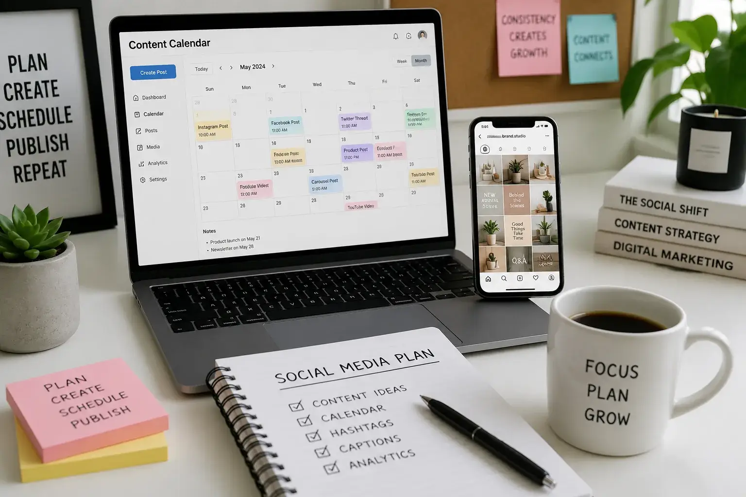 Laptop showing a social media content calendar beside a phone