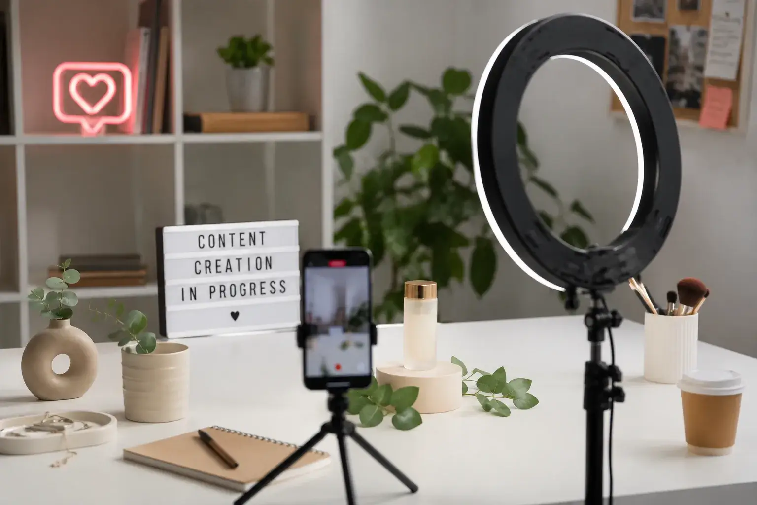 Content creation studio with a ring light and a phone on a tripod