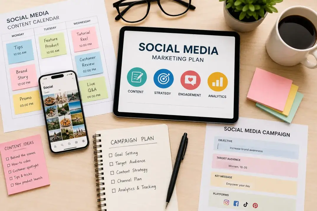 Social media marketing plan laid out with a phone, a tablet, and notes