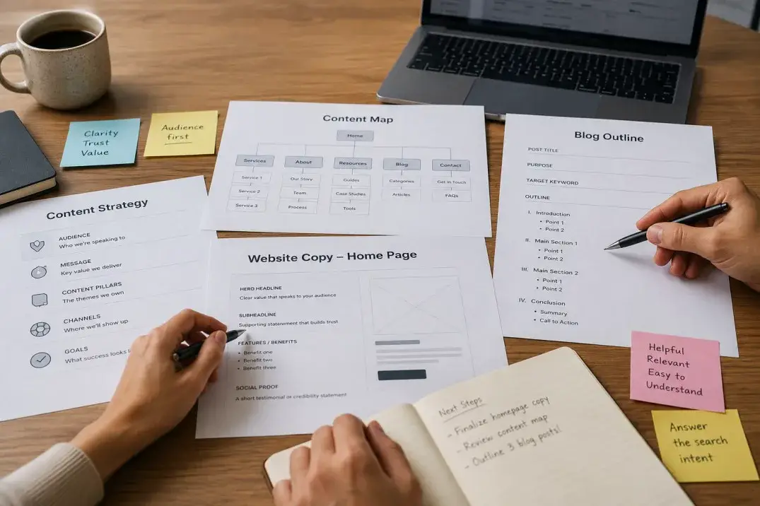 Content strategy and website copy outlines spread across a desk