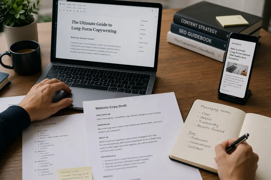 Writer drafting long-form website copy beside a laptop and phone