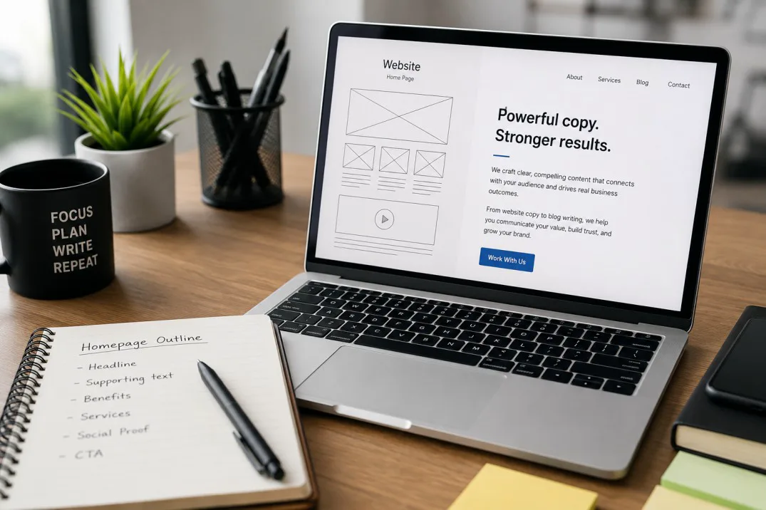 Laptop showing website copy beside a written page outline