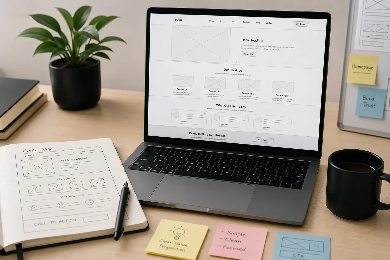 Laptop showing a website wireframe beside page sketches